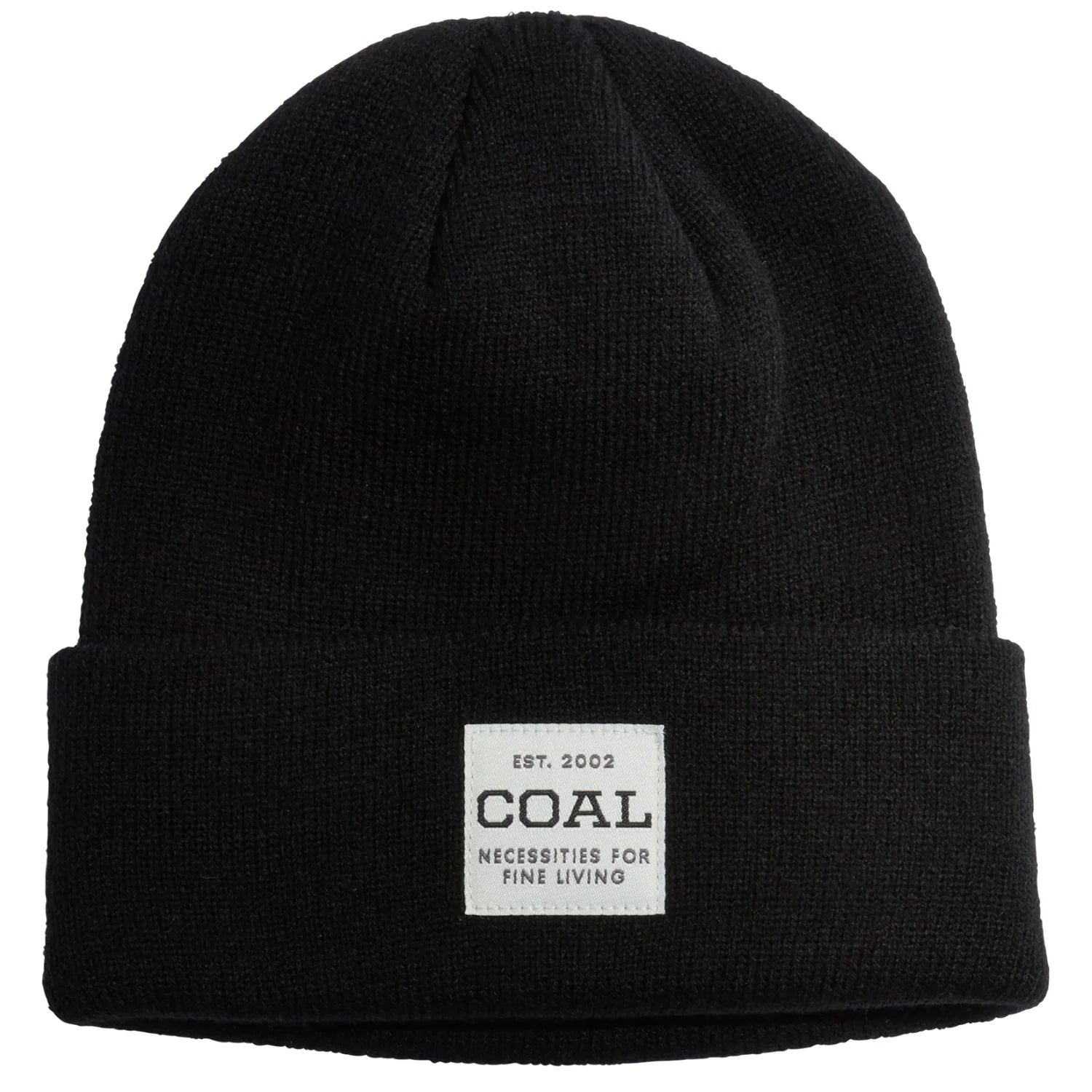 UNIFORM MID KNIT BEANIE 2024 - A black beanie with a white label featuring the word "COAL" in large letters and smaller text below that reads "NECESSITIES FOR FINE LIVING".
