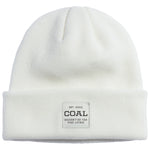 UNIFORM MID KNIT BEANIE 2024 - A white beanie with a ribbed cuff and a small, rectangular patch on the front featuring the word "COAL" in black letters.