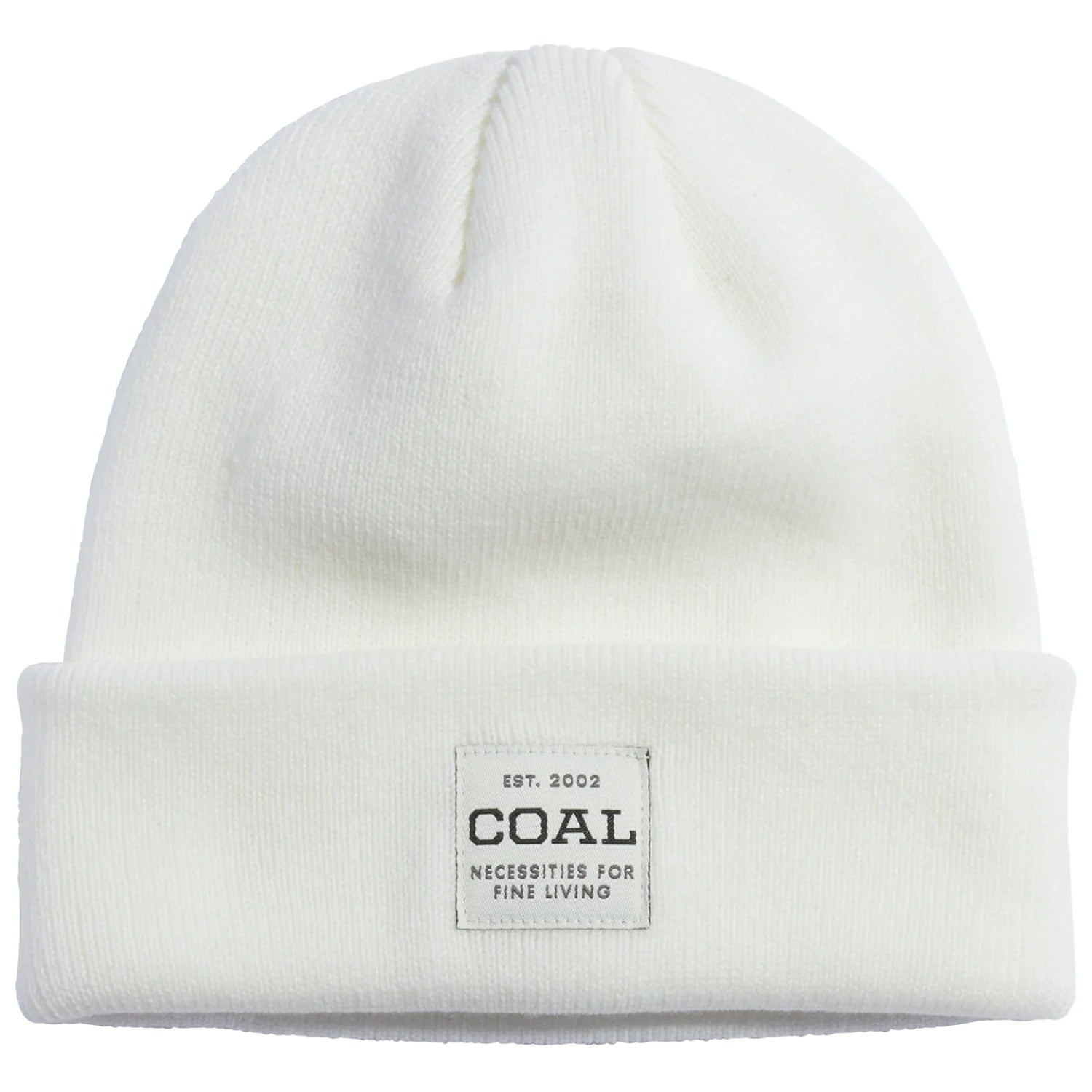 UNIFORM MID KNIT BEANIE 2024 - A white beanie with a ribbed cuff and a small, rectangular patch on the front featuring the word "COAL" in black letters.