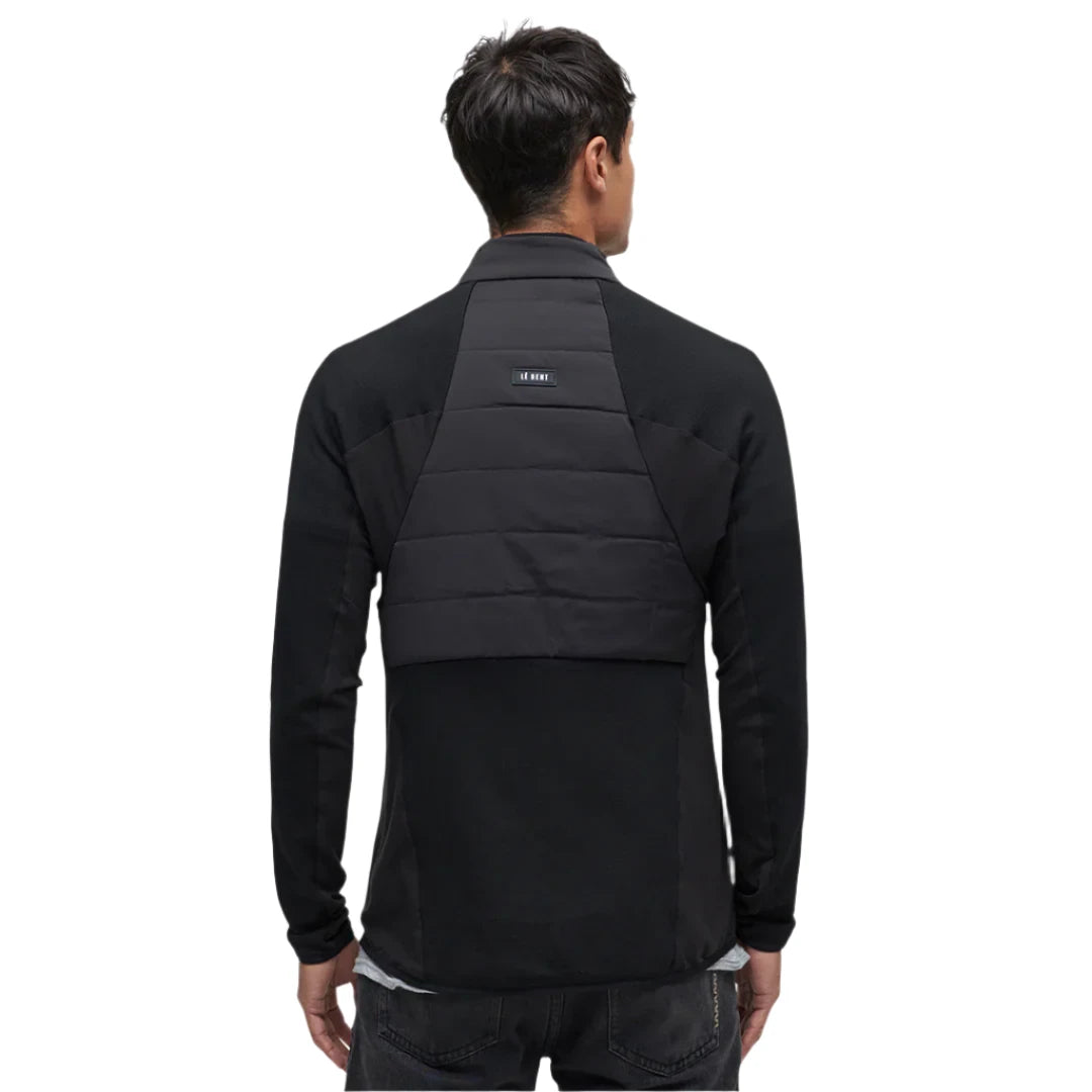 Le Bent Pramecou Wool Insulated Hybrid Jacket 2025 - A black jacket with a quilted pattern on the back and shoulders, featuring a collar and long sleeves.