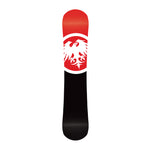 Never Summer Proto Synthesis Snowboard 2025 - A snowboard with a red top and black bottom, featuring a white bird logo in the center of the top section.