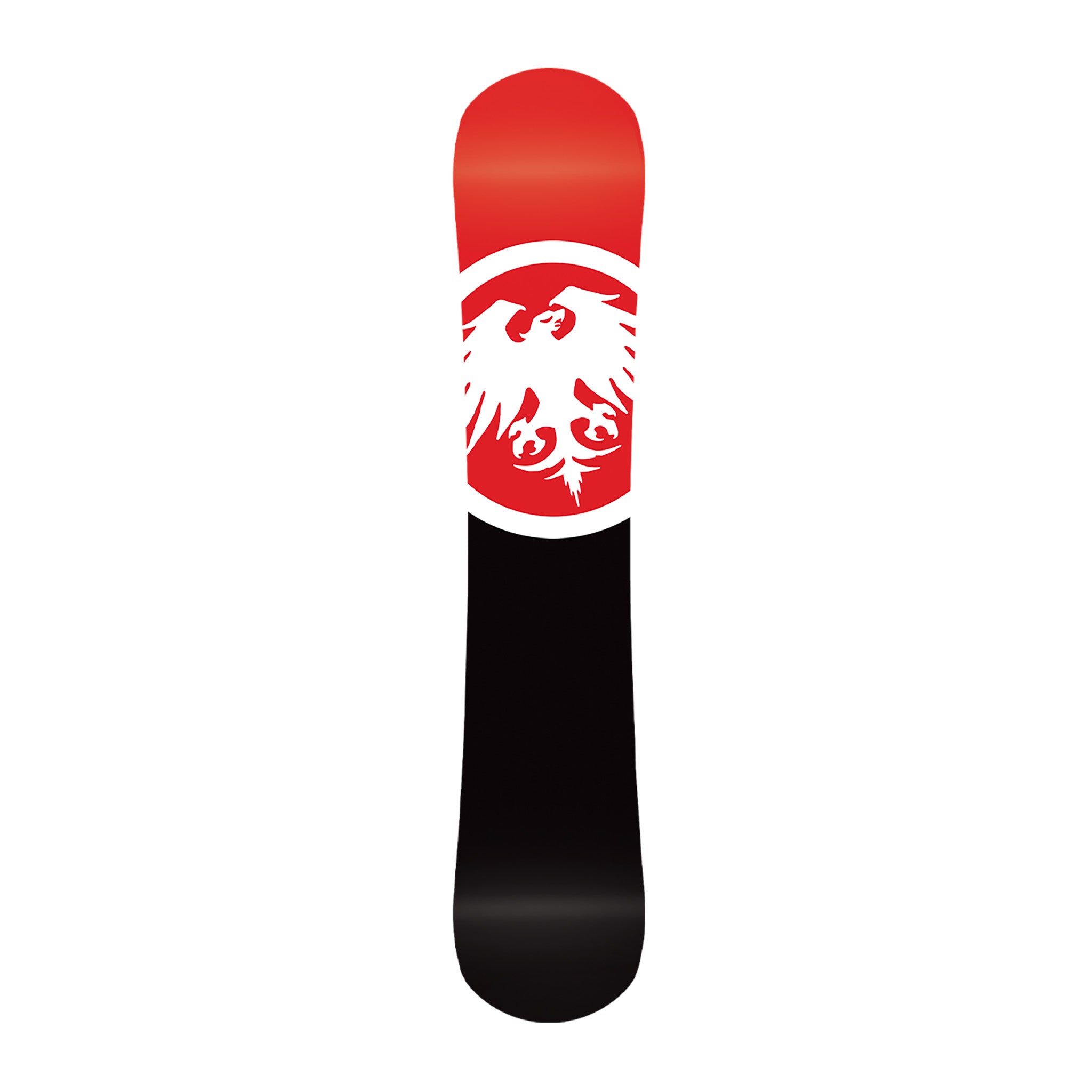Never Summer Proto Synthesis Snowboard 2025 - A snowboard with a red top and black bottom, featuring a white bird logo in the center of the top section.