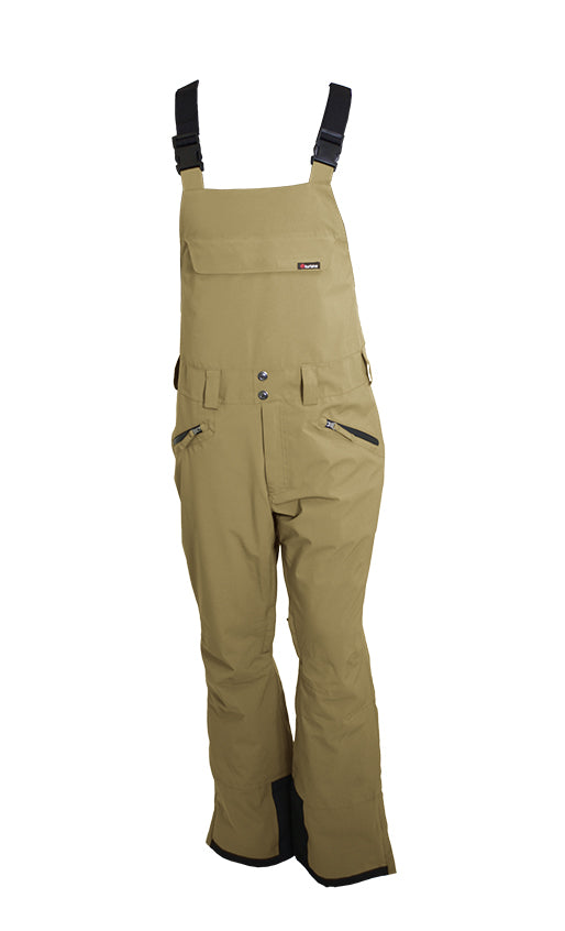 Turbine Mission II Bib - A pair of khaki-colored bib overalls with black straps and a small logo on the chest pocket.