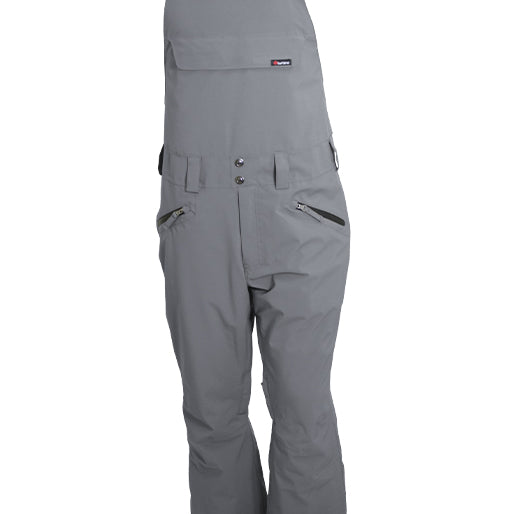 Turbine Mission II Bib - A pair of gray snow pants with a black trim and two zippered pockets on the front.