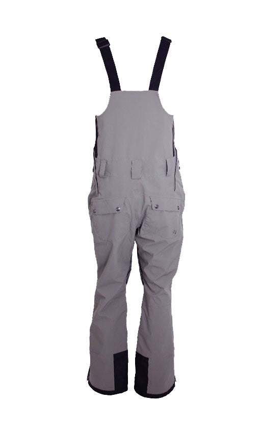 Turbine Mission II Bib - A pair of gray snowboard pants with a black stripe on the side and two zippered pockets at the back.