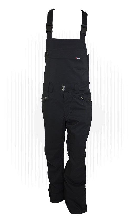 Technical cycling bib overalls in black with adjustable straps and multiple cargo pockets