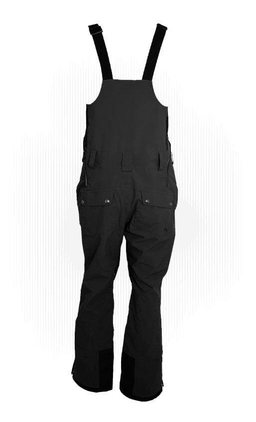 Technical cycling bib overalls in black with front bib panel and utility chest pockets