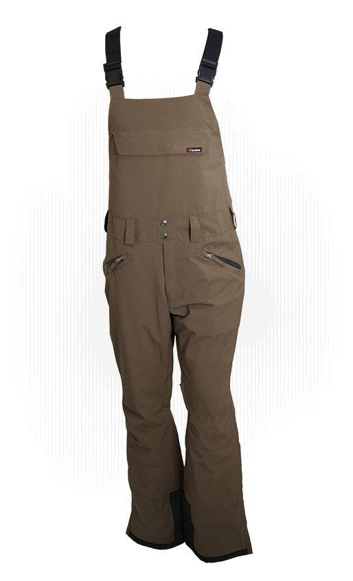 Technical cycling bib overalls in espresso brown with front bib panel and storage pockets