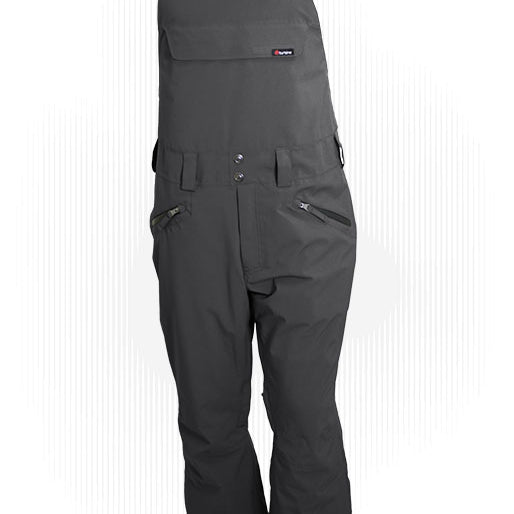 Technical cycling bib overalls in gunmetal gray with snap bib front and side pockets
