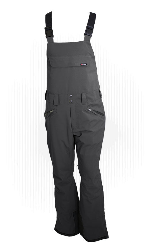Technical cycling bib overalls in gunmetal gray with snap bib front and side pockets