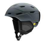 Smith Mission MIPS Helmet 2023 - A dark gray helmet with a black chin strap, featuring ventilation holes and a green MIPS sticker on the side.