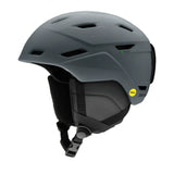 Smith Mission MIPS Helmet 2023 - A dark gray helmet with a black chin strap, featuring ventilation holes and a green MIPS sticker on the side.