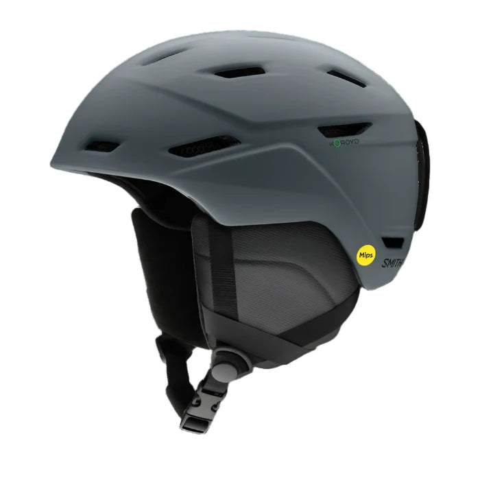 Smith Mission MIPS Helmet 2023 - A dark gray helmet with a black chin strap, featuring ventilation holes and a green MIPS sticker on the side.