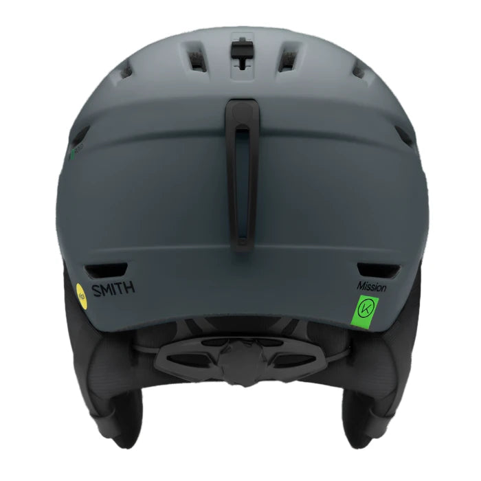 Smith Mission MIPS Helmet 2025 - A matte black helmet with a white logo on the front and green accents on the sides.