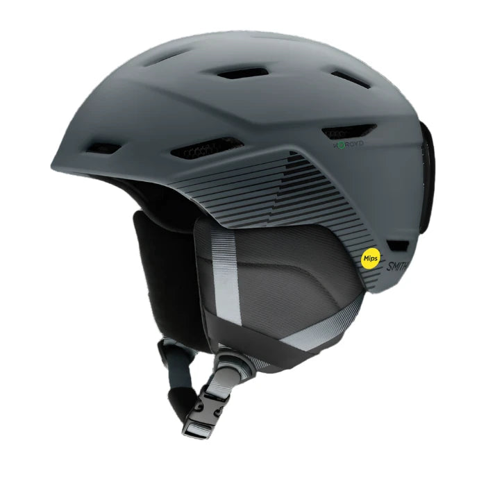 Smith Mission MIPS Helmet 2025 - A black helmet with a white logo on the side and a strap under the chin.