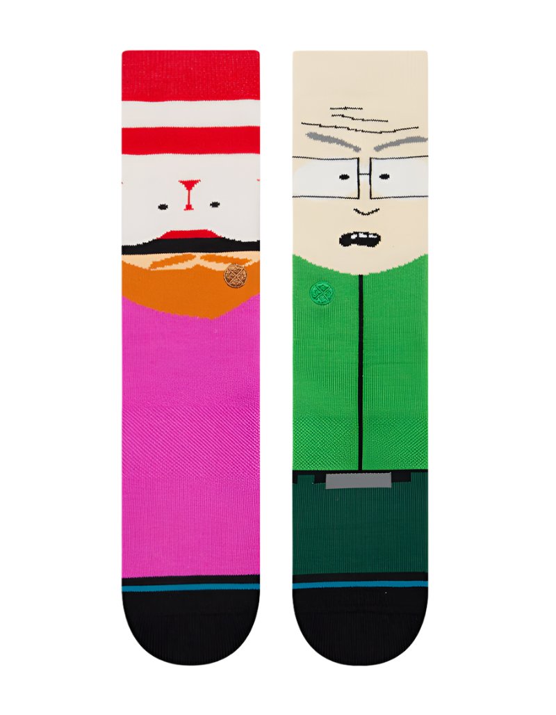 MR GARRISON CREW C SOCK 2023 - A pair of crew socks with a cartoon image of Mr Garrison from South Park on them, featuring his signature red hair and glasses.
