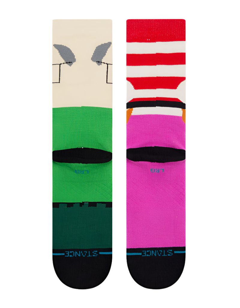MR GARRISON CREW C SOCK 2023 - A pair of crew socks with a green and black color scheme, featuring a cartoon character's face on them.