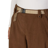 Brown pants with adjustable belt strap and button closure at waist