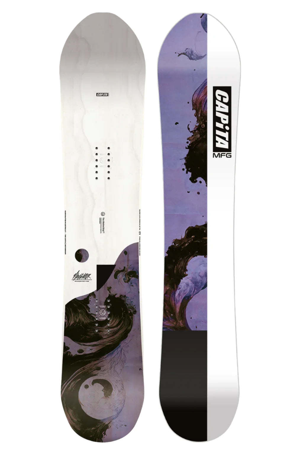 CAPiTA Women's The Navigator Snowboard 2025 - A white snowboard with a black and purple abstract design on the bottom half.