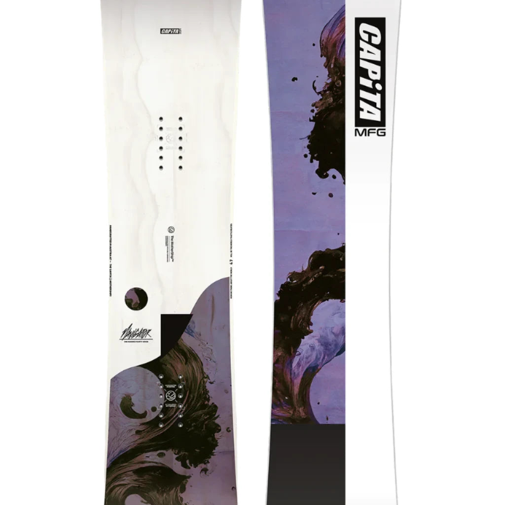 CAPiTA Women's The Navigator Snowboard 2025 - White snowboard with black and purple abstract design on top.
