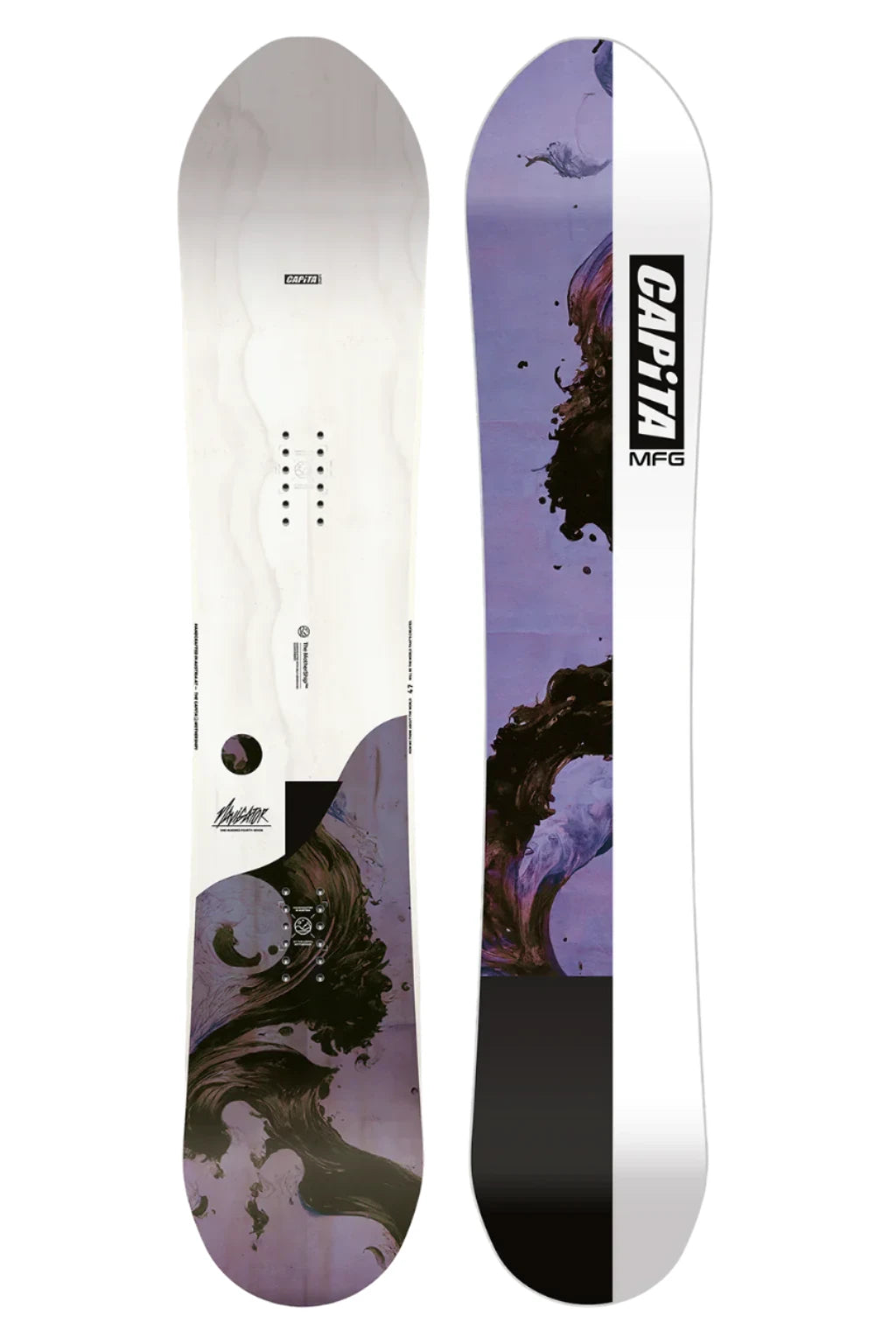 CAPiTA Women's The Navigator Snowboard 2025 - White snowboard with black and purple abstract design on top.