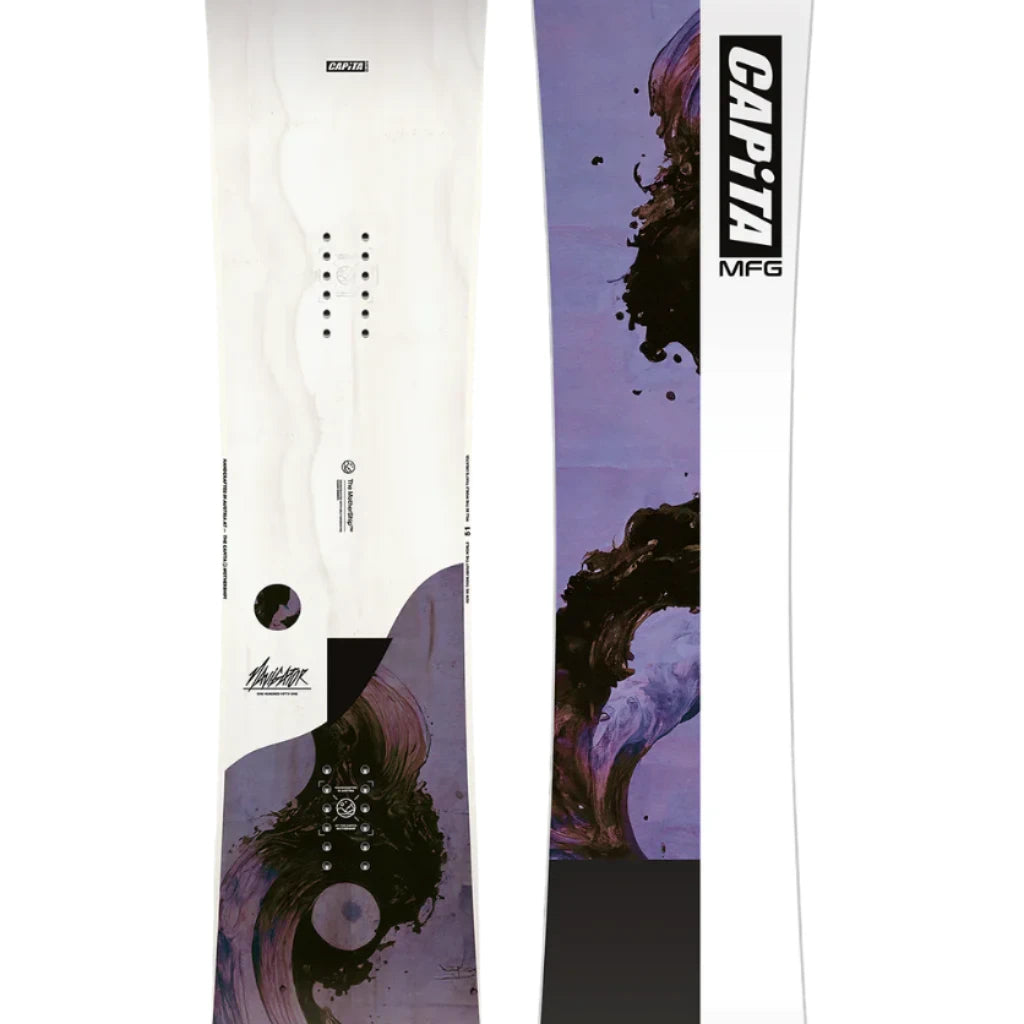 CAPiTA Women's The Navigator Snowboard 2025 - A white snowboard with a black and purple abstract design on the bottom.