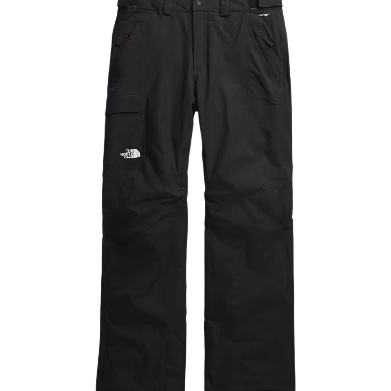 North Face Men's Freedom Insulated Pant - A pair of black insulated pants with a white logo on the left thigh and a small pocket on the right thigh.