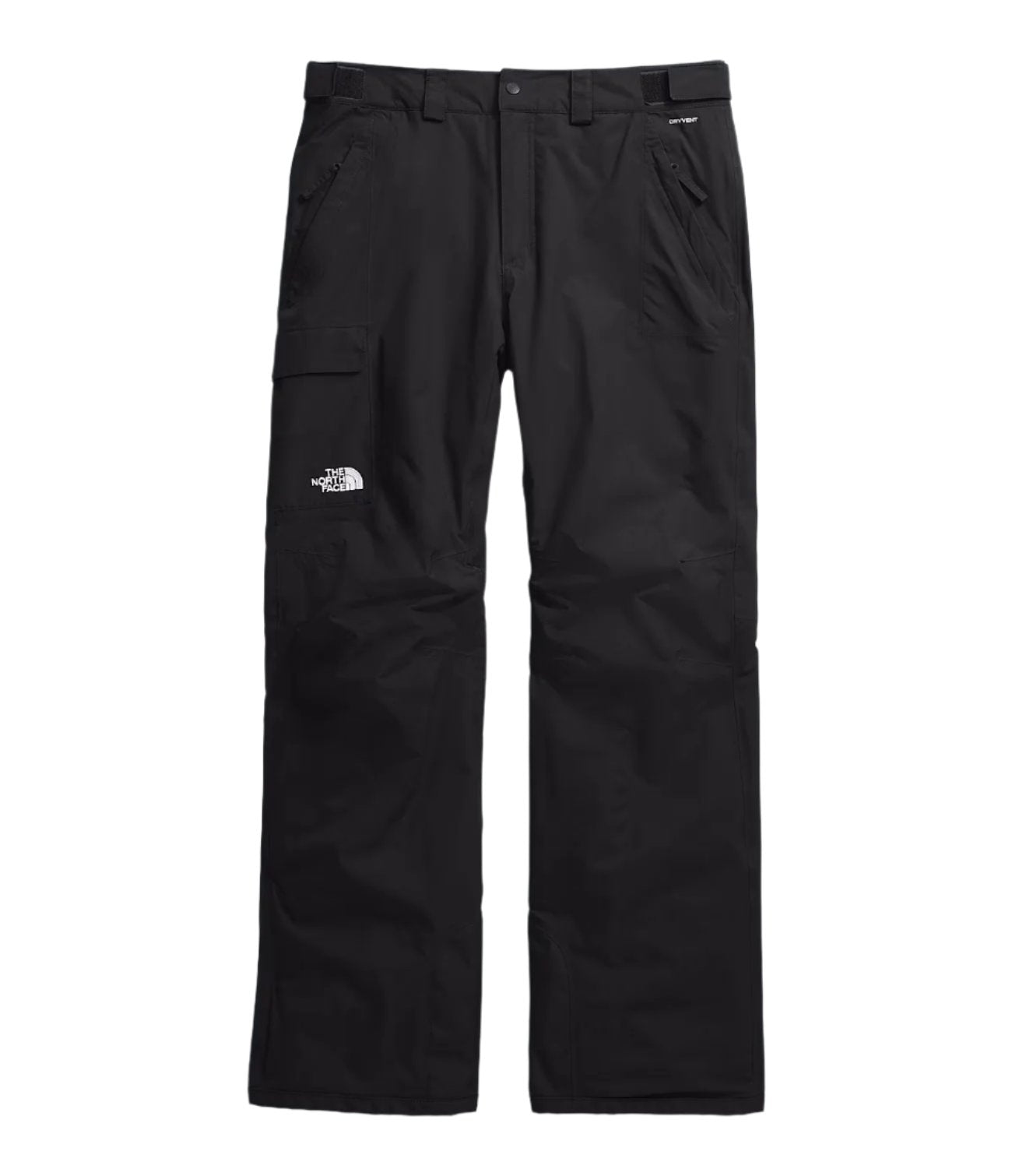 North Face Men's Freedom Insulated Pant - A pair of black insulated pants with a white logo on the left thigh and a small pocket on the right thigh.