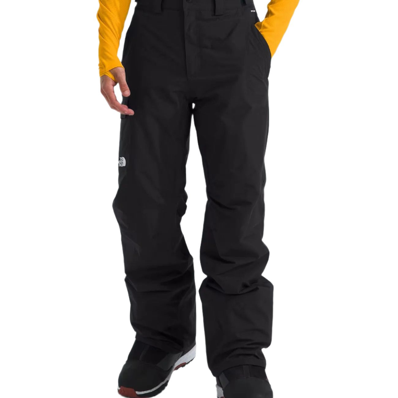 North Face Men's Freedom Insulated Pant - A pair of black insulated pants with a white logo on the left leg.