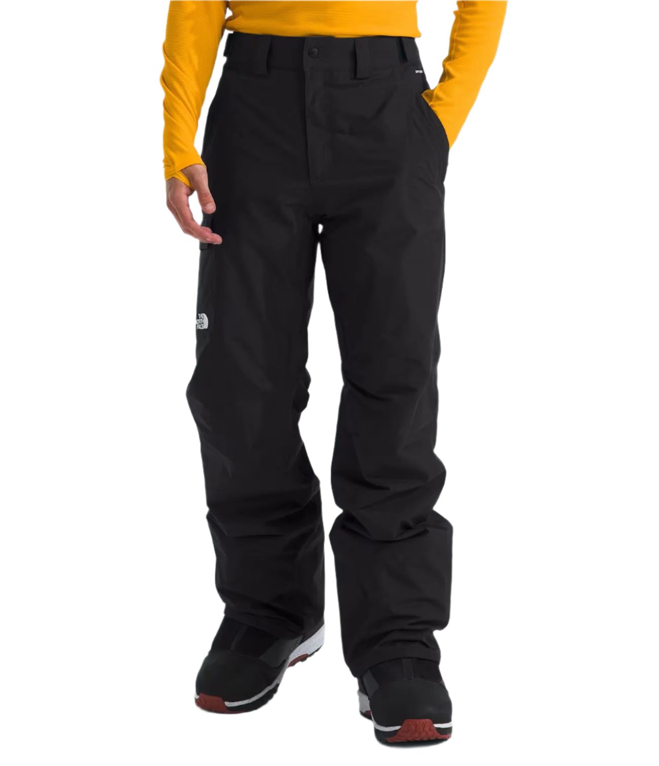 North Face Men's Freedom Insulated Pant - A pair of black insulated pants with a white logo on the left leg.