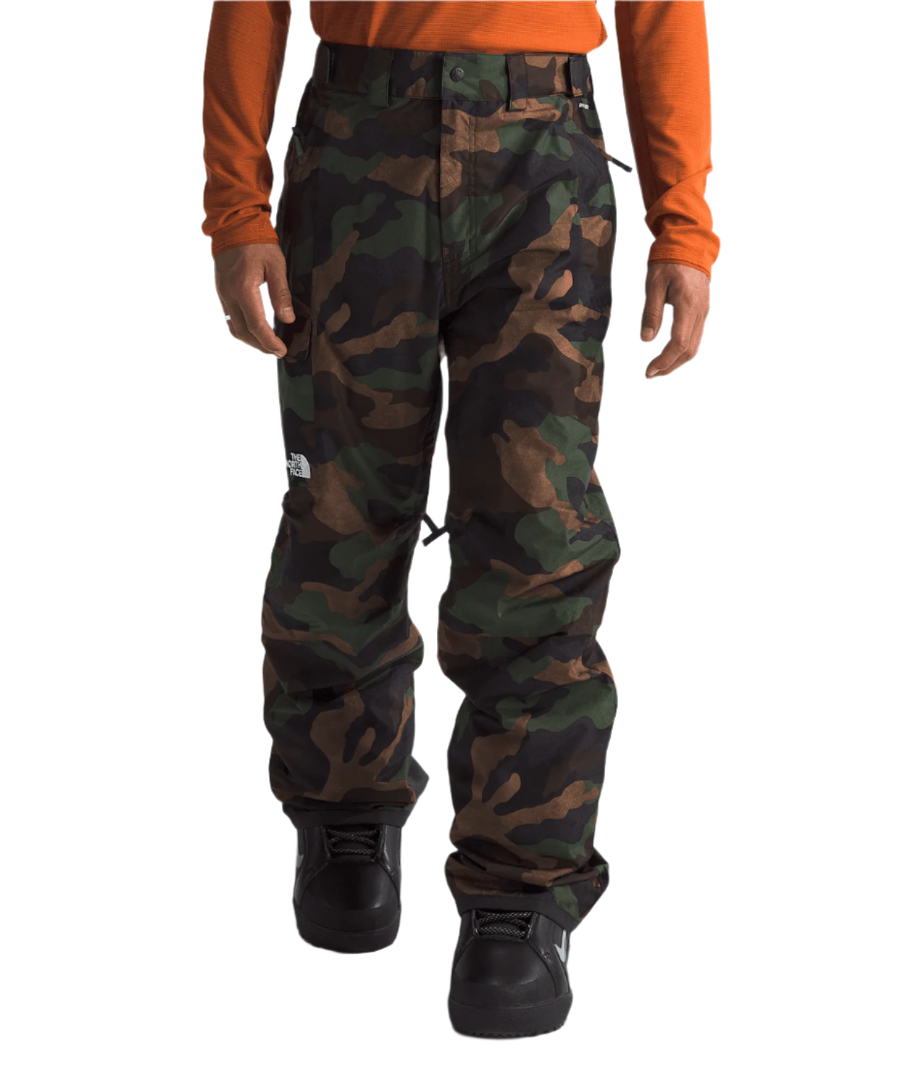North Face Freedom Shell Pant 2025 - A pair of camouflage-print pants with a white logo on the left thigh and black drawstrings at the waistband.