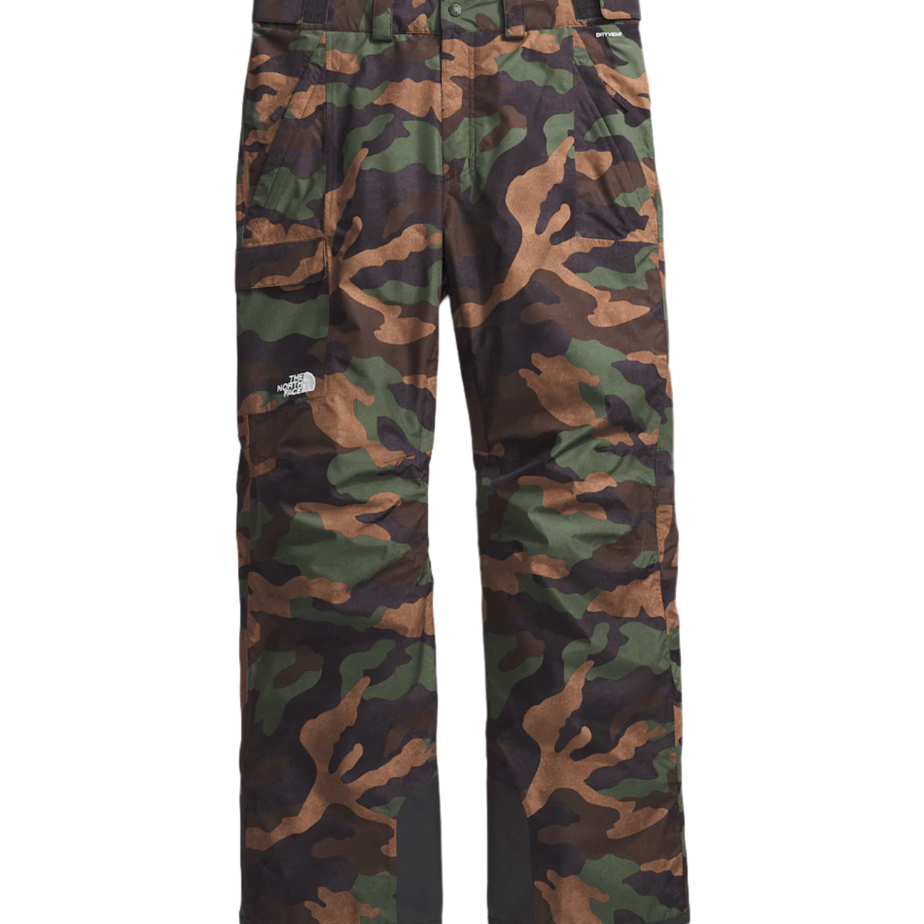 North Face Freedom Shell Pant 2025 - A pair of camouflage-printed snow pants with a white logo on the left thigh and black straps at the waist.