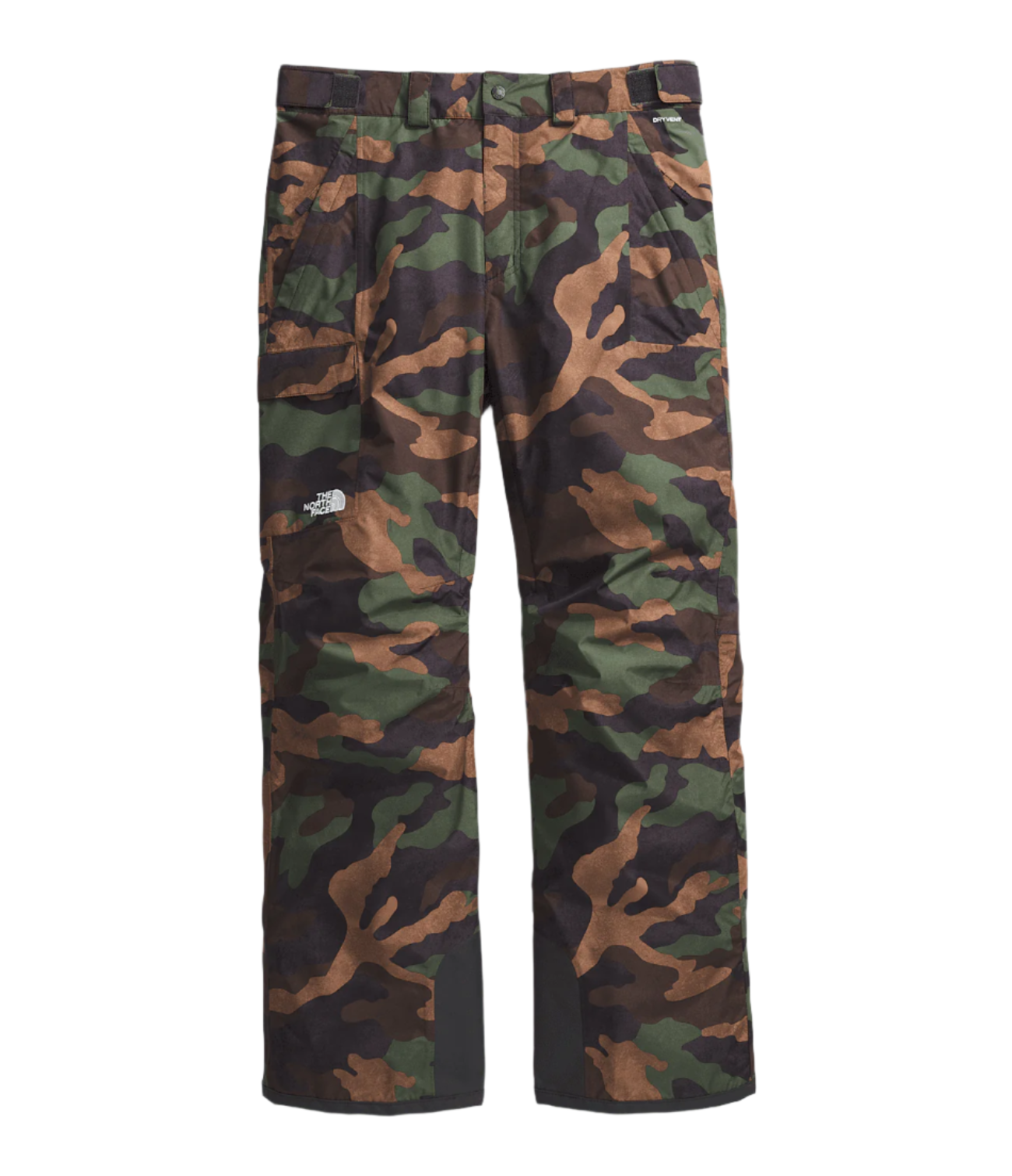 North Face Freedom Shell Pant 2025 - A pair of camouflage-printed snow pants with a white logo on the left thigh and black straps at the waist.