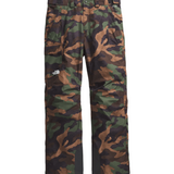 North Face Freedom Shell Pant 2025 - A pair of camouflage-printed snow pants with a white logo on the left thigh and black straps at the waist.