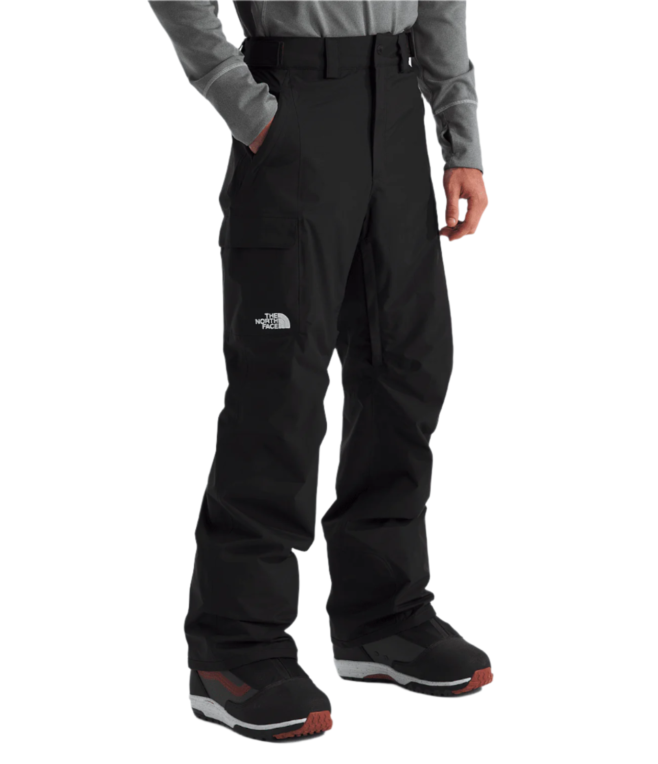 North Face Freedom Shell Pant 2025 - A pair of black pants with a white logo on the left thigh and two zippered pockets on the side.