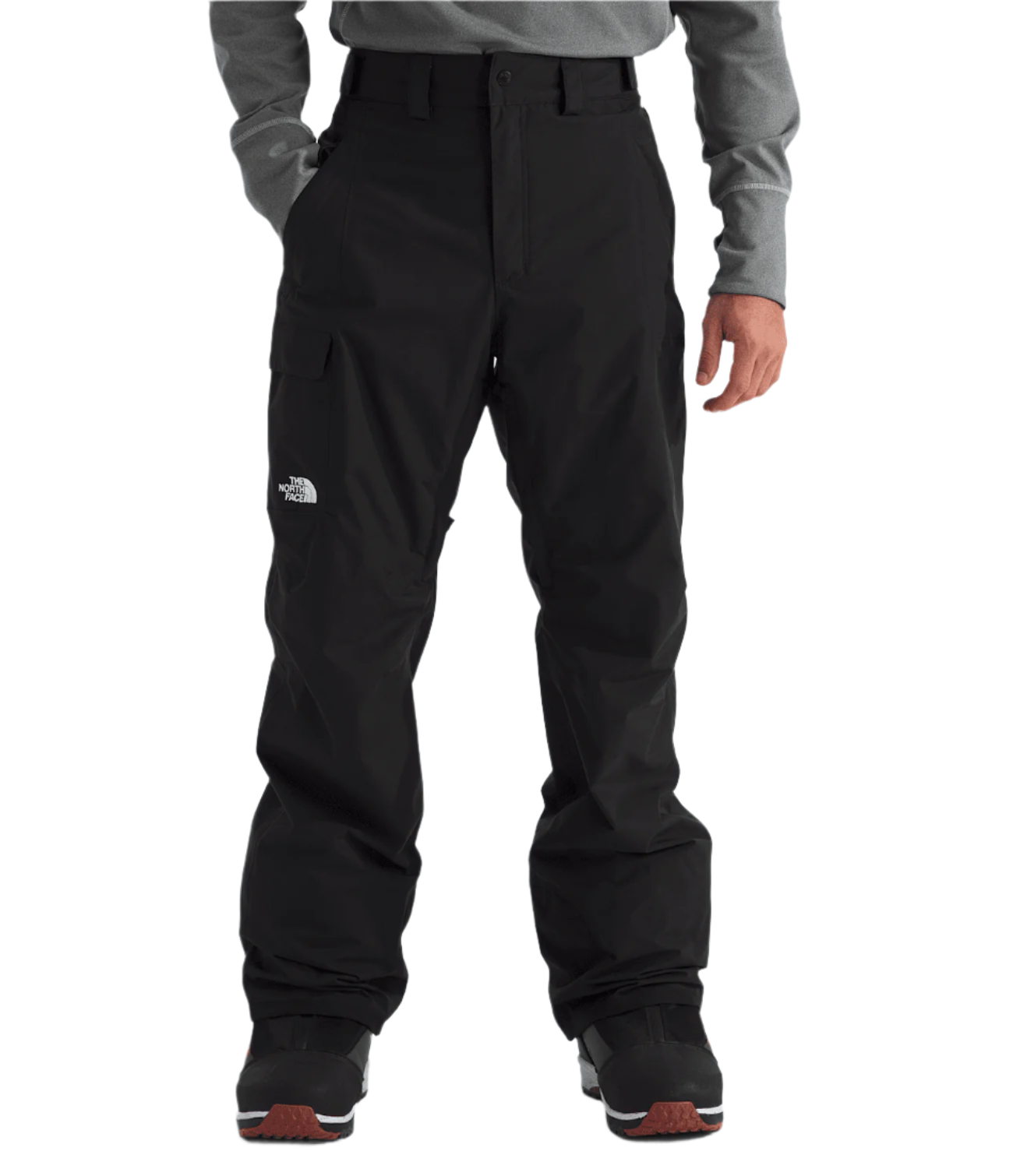 North Face Freedom Shell Pant 2025 - A pair of black pants with a white logo on the left thigh and a zippered pocket on the right leg.