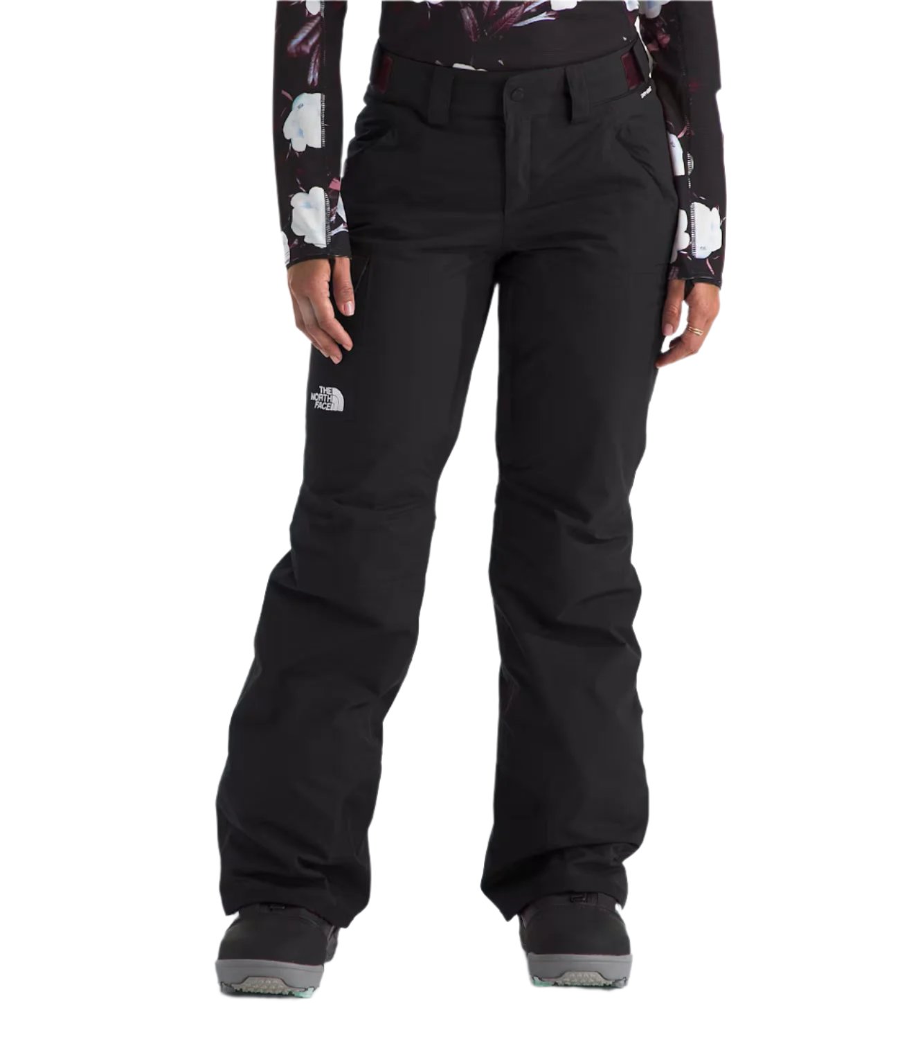 North Face Women's Freedom Insulated Pant - A pair of black insulated ski pants with a white logo on the left thigh and two zippered pockets at the waist.