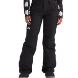 North Face Women's Freedom Insulated Pant - A pair of black insulated ski pants with a white logo on the left thigh and two zippered pockets at the waist.