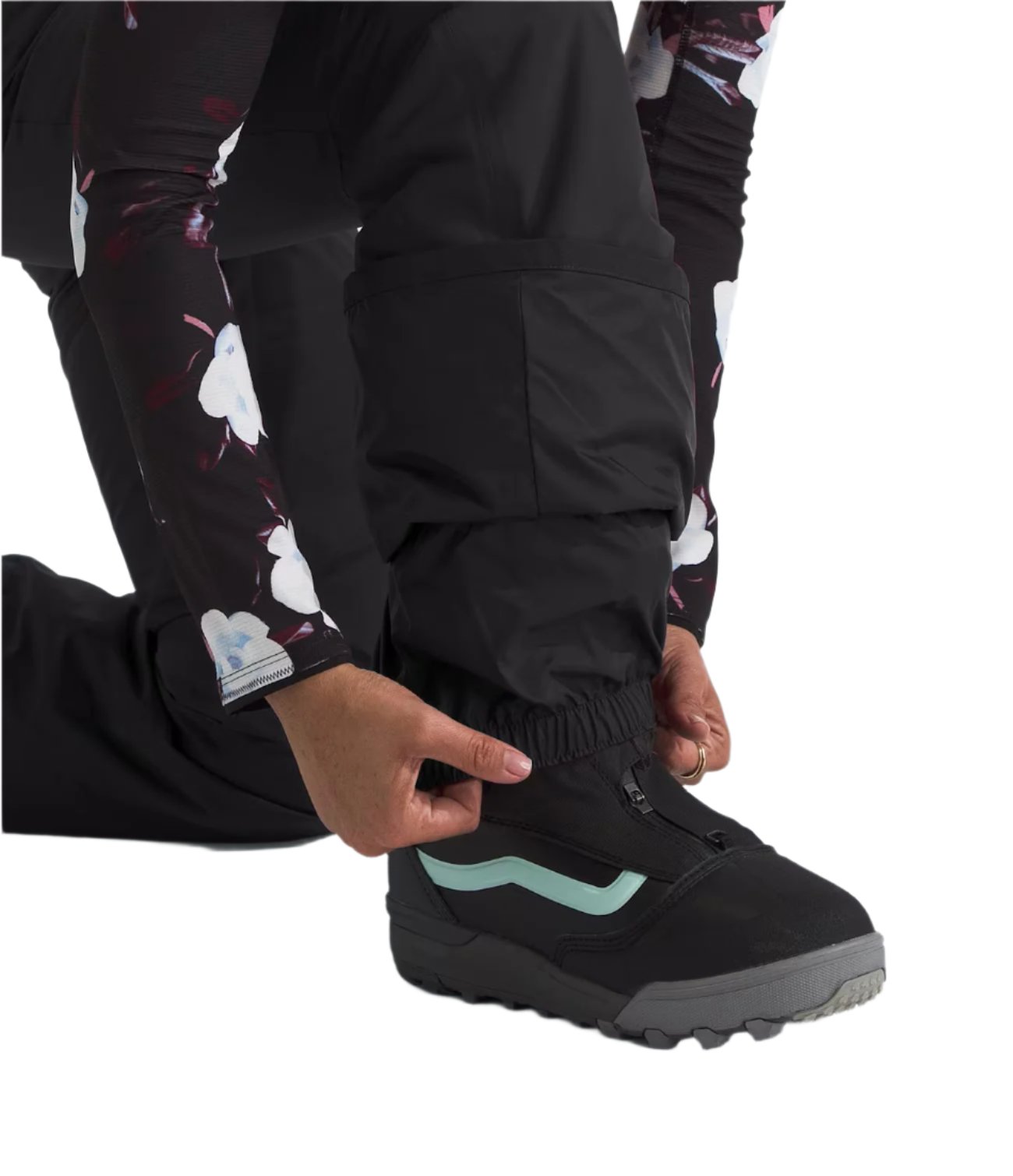 North Face Women's Freedom Insulated Pant - Black pants with a subtle white floral pattern on the left leg.