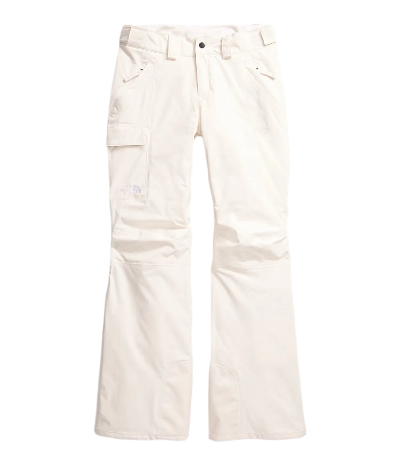 North Face Women's Freedom Insulated Pant 2025 - A pair of white snow pants with a logo on the left leg pocket.
