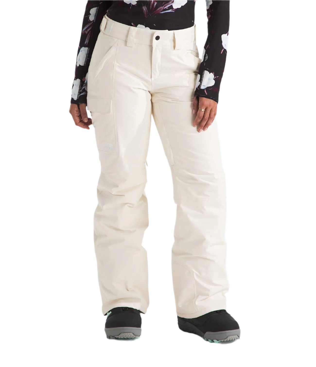 North Face Women's Freedom Insulated Pant - A pair of off-white snow pants with a white logo on the left thigh and two zippered pockets on the right side.