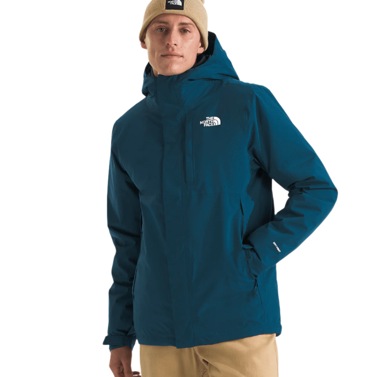 North Face Carto Triclimate Jacket - A dark blue jacket with a white logo on the left chest and a black zipper.
