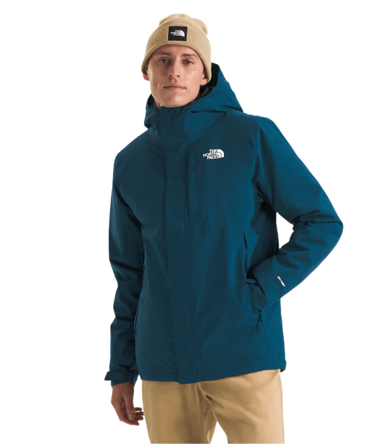 North Face Carto Triclimate Jacket - A dark blue jacket with a white logo on the left chest and a black zipper.