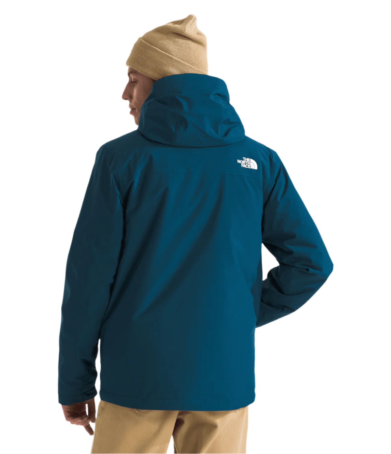 North Face Carto Triclimate Jacket - A dark blue jacket with a white logo on the upper back, featuring a hood and long sleeves.