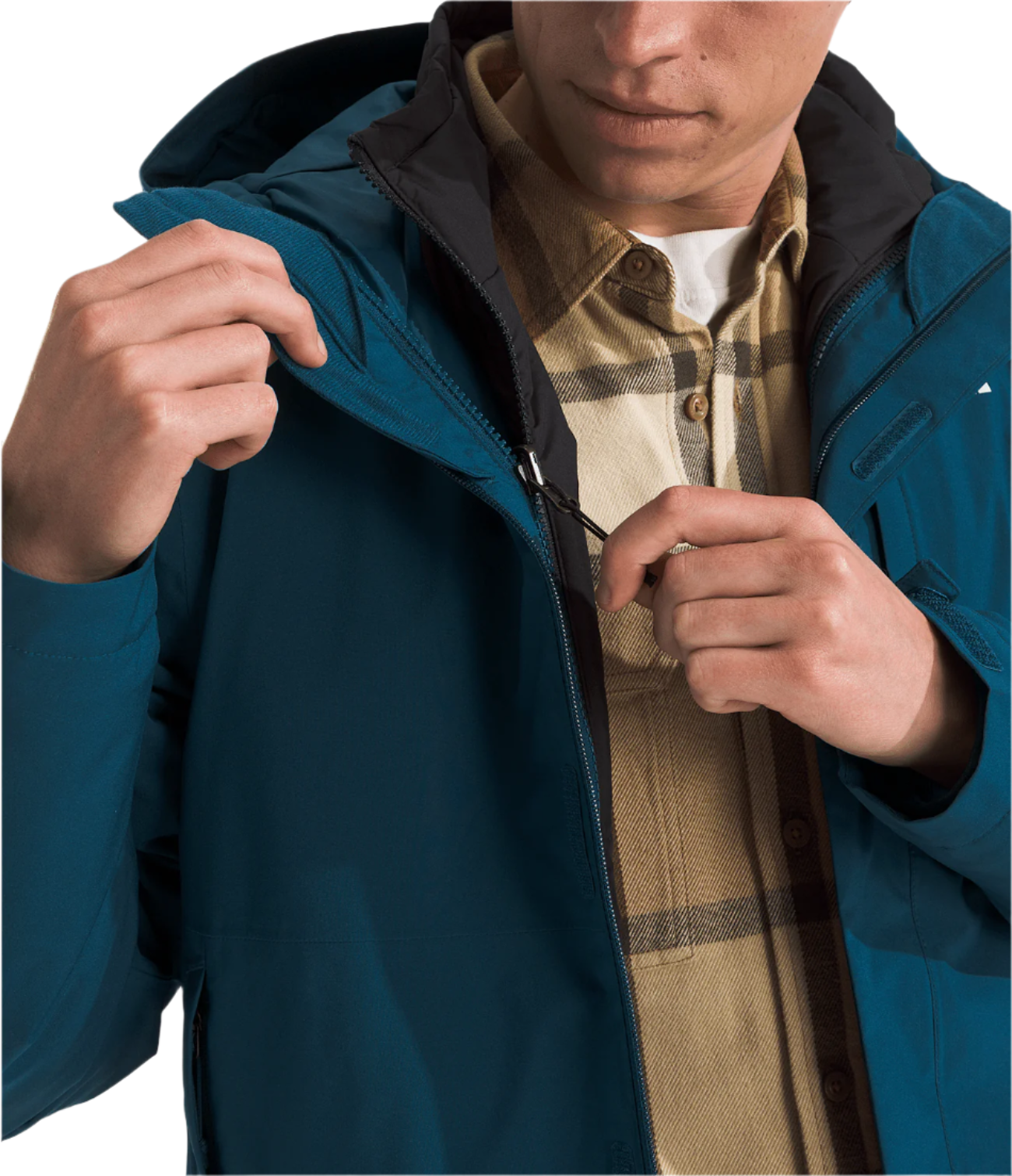 North Face Carto Triclimate Jacket - A blue jacket with a black zipper and two zippered pockets on either side of the waist.