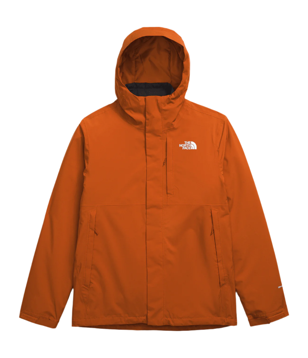 North Face Carto Triclimate Jacket - A dark orange jacket with a white logo on the left chest and a black zipper.
