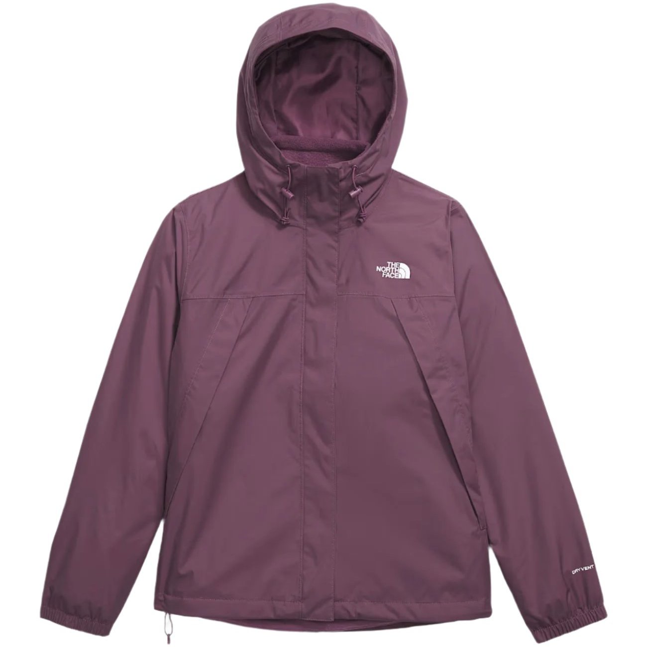 North Face Women's Antora Triclimate Jacket - A purple jacket with a white logo on the left chest and a hood, featuring a zipper closure.