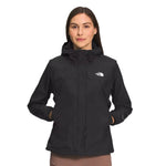 North Face Women's Antora Triclimate Jacket - A black jacket with a white logo on the left chest and two zippered pockets on either side of the waist.