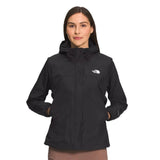 North Face Women's Antora Triclimate Jacket - A black jacket with a white logo on the left chest and two zippered pockets on either side of the waist.