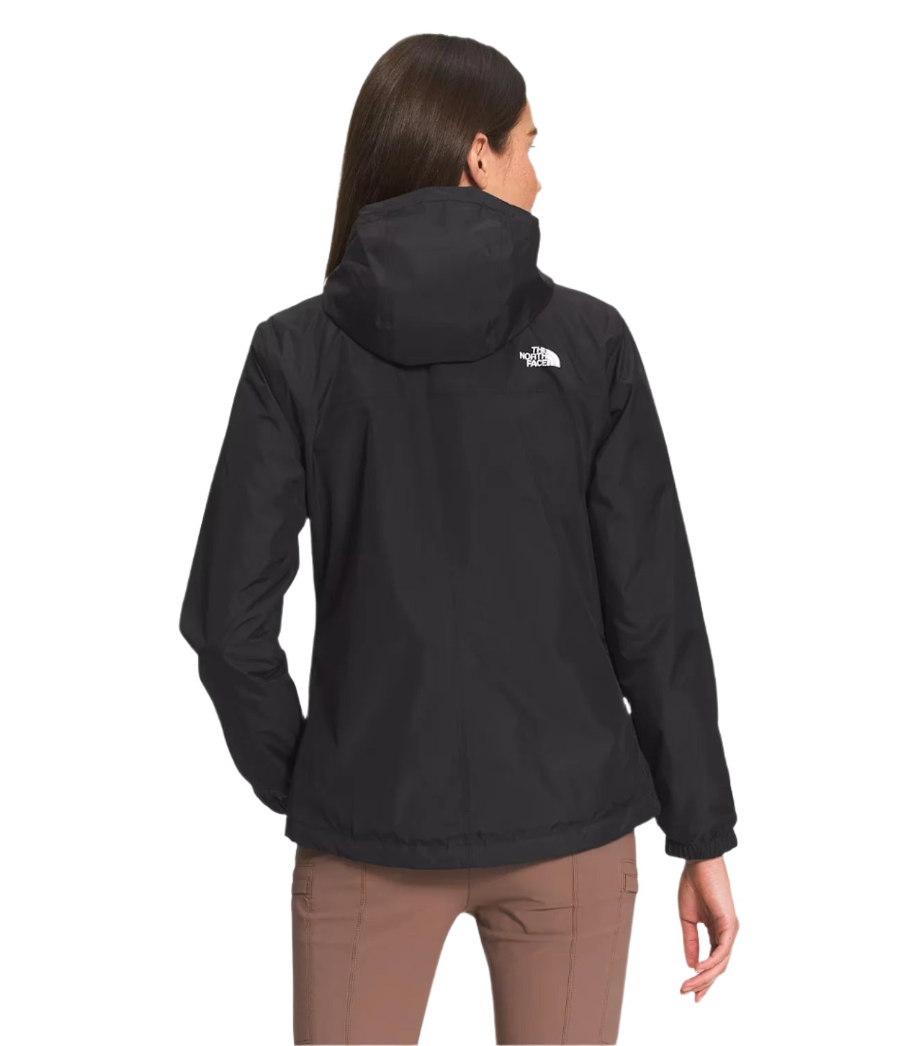 North Face Women's Antora Triclimate Jacket - A black jacket with a white logo on the upper left side of the back, worn by a woman with long brown hair facing away from the camera.
